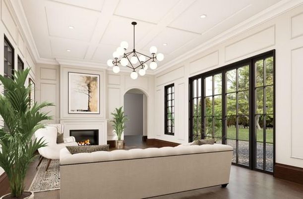 Fireplace, Interior, Living room, Pendant Lights, Recessed Lighting, Wood Texture Flooring