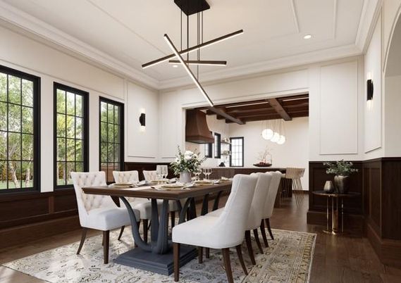 Dining room, Interior, Pendant Lights, Recessed Lighting, Wooden Beams, Wooden Ceilings, Wood Texture Flooring