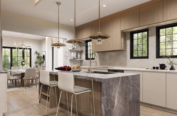 Dining room, Interior, Kitchen, Marble Walls, Pendant Lights, Recessed Lighting, Wood Texture Flooring