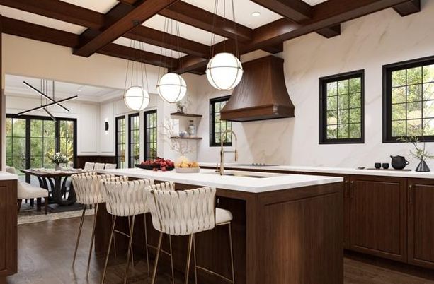Dining room, Interior, Kitchen, Pendant Lights, Recessed Lighting, Wooden Beams, Wood Texture Flooring
