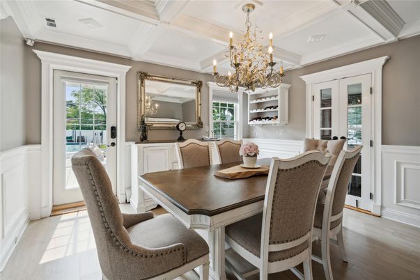 Chandelier, Dining room, Interior, Wood Texture Flooring