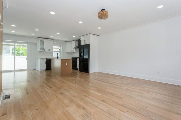 Empty room, Interior, Kitchen, Recessed Lighting, Wood Texture Flooring