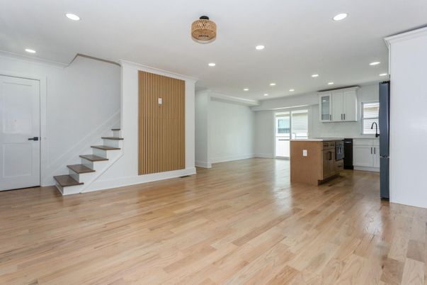 Empty room, Interior, Kitchen, Recessed Lighting, Wood Texture Flooring
