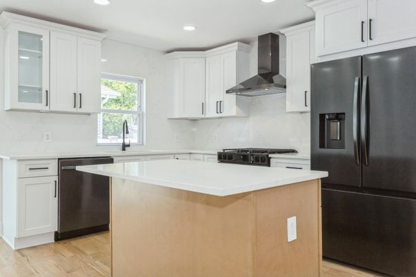 Interior, Kitchen, Marble Walls, Recessed Lighting, Wood Texture Flooring