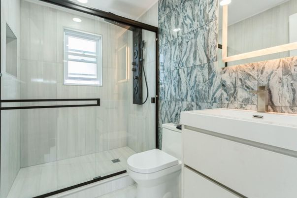 Bathroom, Glass Shower, Interior, Marble Walls, Recessed Lighting