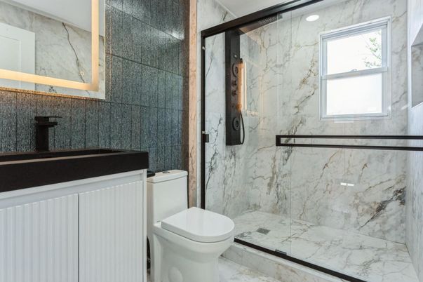 Bathroom, Glass Shower, Interior, Marble, Marble Walls, Recessed Lighting