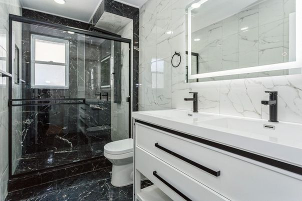 Bathroom, Glass Shower, Interior, Marble, Marble Walls, Recessed Lighting