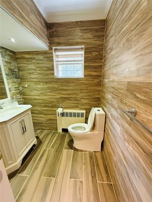 Bathroom, Interior, Recessed Lighting, Wood Texture Flooring, Wooden Walls