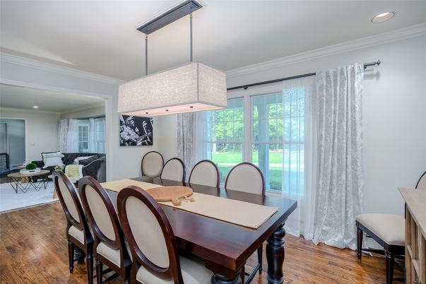Dining room, Interior, Pendant Lights, Recessed Lighting, Wood Texture Flooring