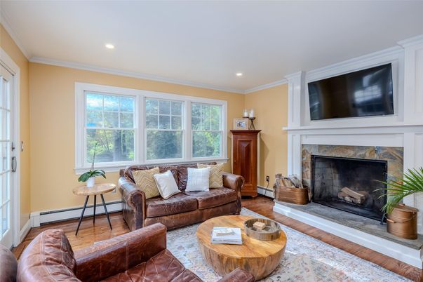 Fireplace, Interior, Living room, Recessed Lighting, Wood Texture Flooring