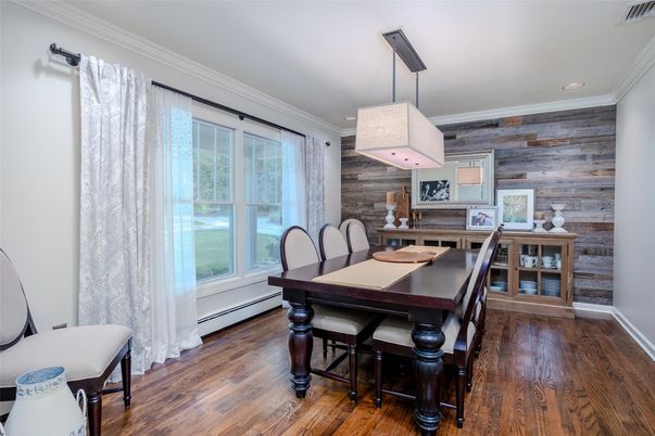 Dining room, Interior, Pendant Lights, Recessed Lighting, Wood Texture Flooring, Wooden Walls