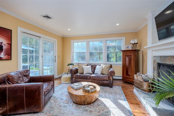 Fireplace, Interior, Living room, Recessed Lighting, Wood Texture Flooring
