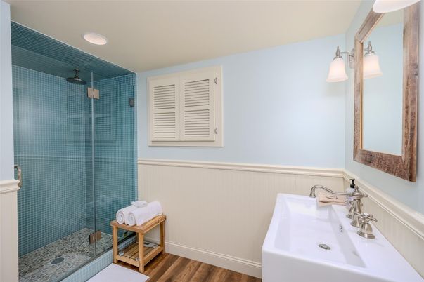 Bathroom, Glass Shower, Interior, Recessed Lighting, Wood Texture Flooring