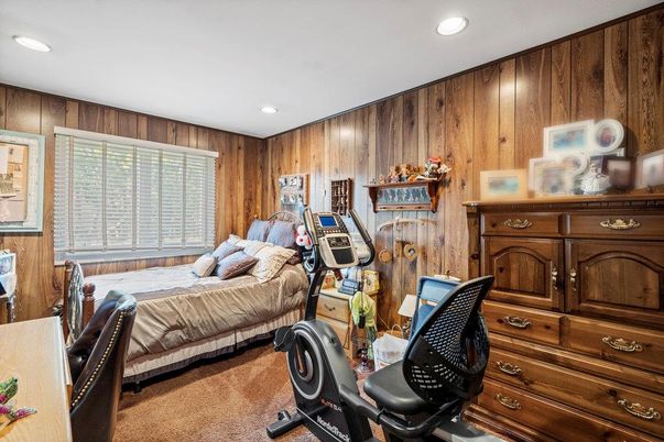 Bedroom, Fitness Equipment, Home Office, Interior, Recessed Lighting, Wooden Walls