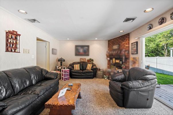 Fireplace, Interior, Living room, Recessed Lighting, Stone Walls
