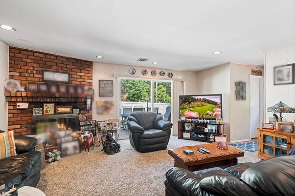 Fireplace, Interior, Living room, Recessed Lighting, Stone Walls