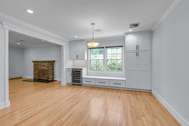 Empty room, Fireplace, Interior, Pendant Lights, Recessed Lighting, Wood Texture Flooring