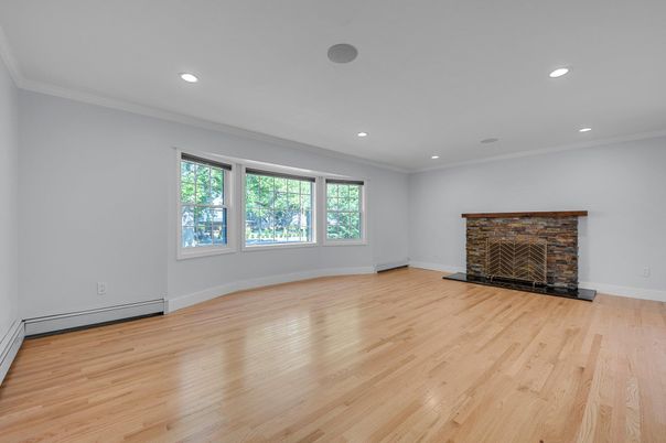 Empty room, Fireplace, Interior, Recessed Lighting, Wood Texture Flooring