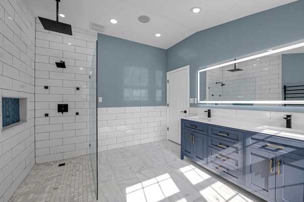 Bathroom, Dual Sink Vanities, Glass Shower, Interior, Marble, Recessed Lighting