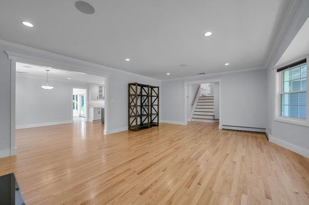 Empty room, Interior, Pendant Lights, Recessed Lighting, Wood Texture Flooring