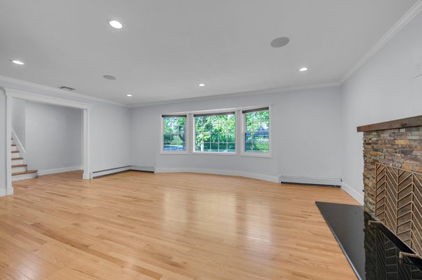 Empty room, Fireplace, Interior, Recessed Lighting, Wood Texture Flooring