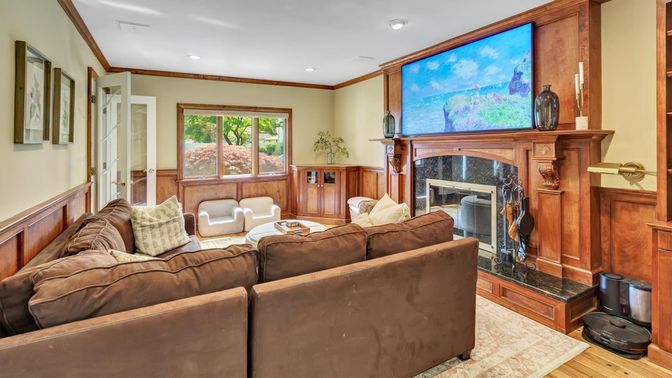 Fireplace, Interior, Living room, Recessed Lighting, Wood Texture Flooring