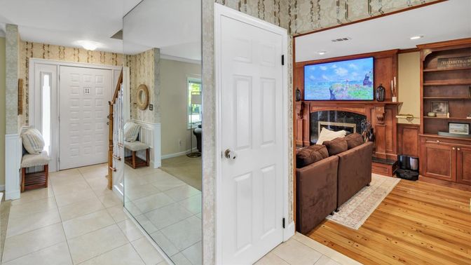 Bathroom, Fireplace, Interior, Recessed Lighting, Wood Texture Flooring