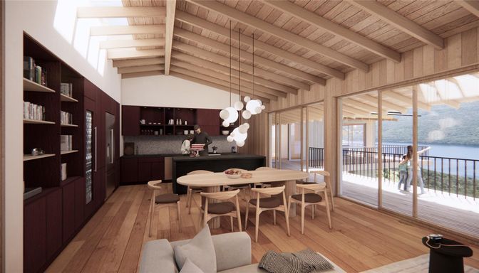 Dining room, Interior, Kitchen, Pendant Lights, Water, Wooden Beams, Wooden Ceilings, Wood Texture Flooring