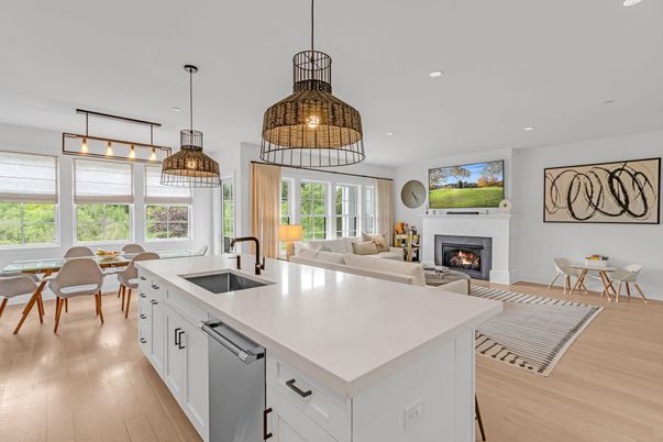 Dining room, Fireplace, Interior, Kitchen, Living room, Pendant Lights, Recessed Lighting, Wood Texture Flooring