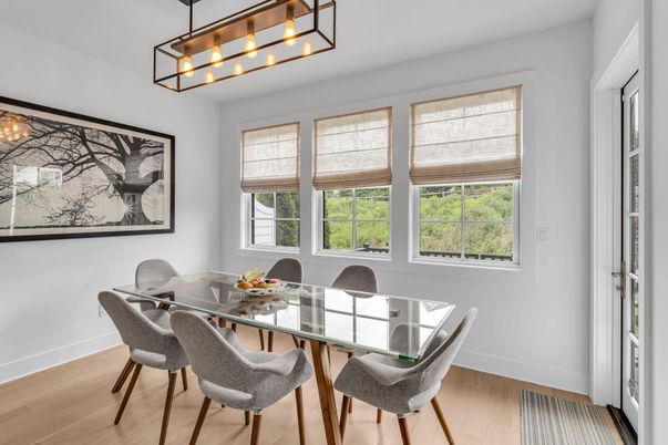 Dining room, Interior, Pendant Lights, Wood Texture Flooring