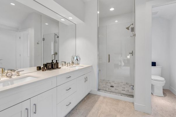 Bathroom, Dual Sink Vanities, Glass Shower, Interior, Recessed Lighting