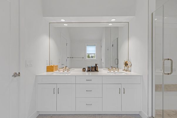 Bathroom, Dual Sink Vanities, Glass Shower, Interior, Recessed Lighting
