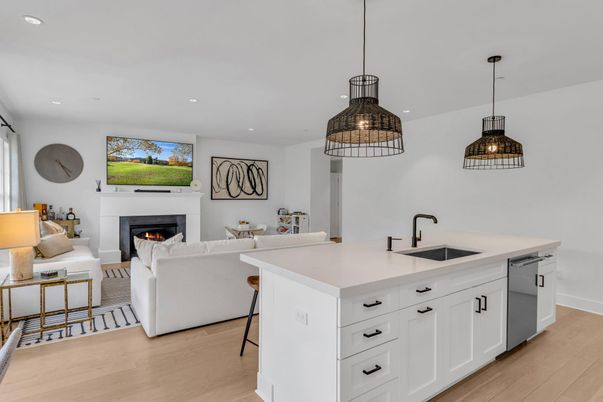 Fireplace, Interior, Kitchen, Living room, Pendant Lights, Recessed Lighting, Wood Texture Flooring