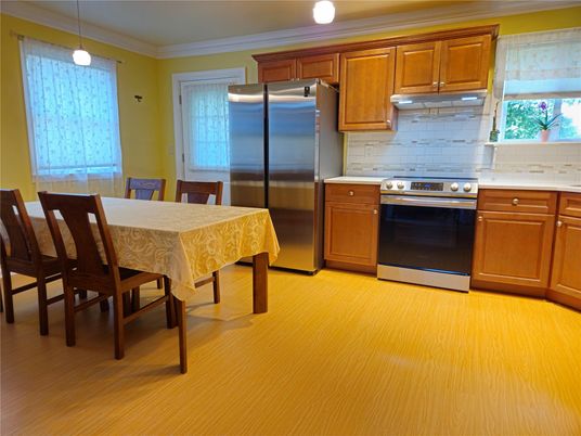 Dining room, Interior, Kitchen, Pendant Lights, Stainless Steel Appliances, Wood Texture Flooring