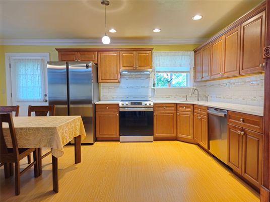 Interior, Kitchen, Pendant Lights, Recessed Lighting, Stainless Steel Appliances, Wood Texture Flooring