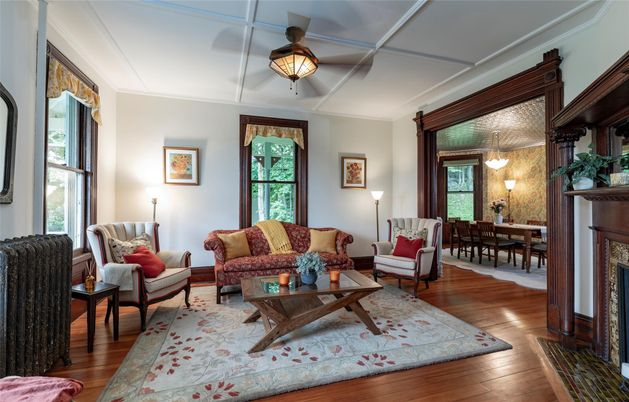 Dining room, Fireplace, Interior, Living room, Wood Texture Flooring