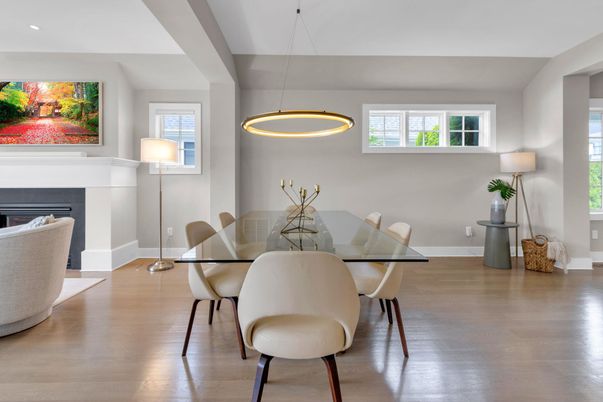 Dining room, Interior, Pendant Lights, Recessed Lighting, Wood Texture Flooring