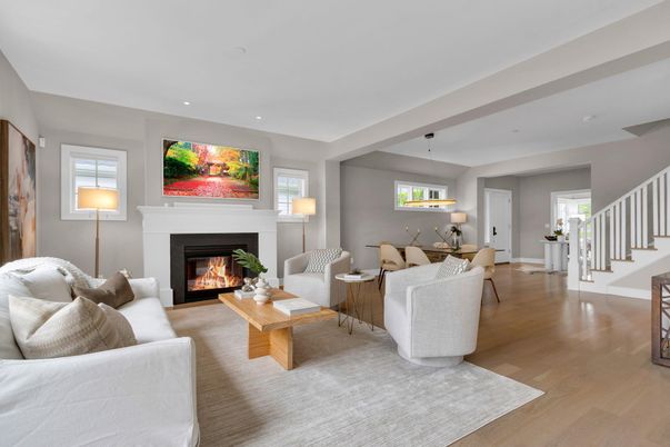 Dining room, Fireplace, Interior, Living room, Pendant Lights, Recessed Lighting, Wood Texture Flooring