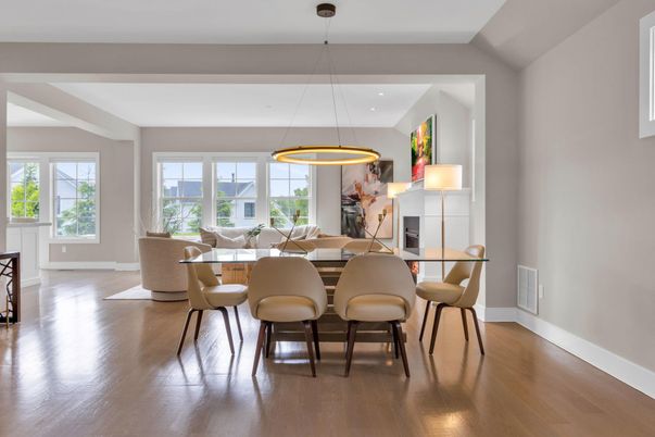 Dining room, Interior, Pendant Lights, Recessed Lighting, Wood Texture Flooring