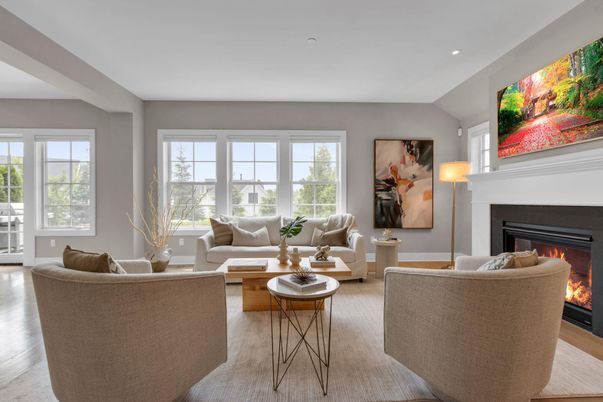 Fireplace, Interior, Living room, Recessed Lighting, Wood Texture Flooring
