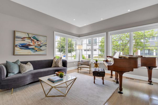 Interior, Living room, Piano, Recessed Lighting, Wood Texture Flooring