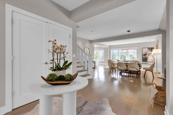Dining room, Interior, Pendant Lights, Recessed Lighting, Wood Texture Flooring