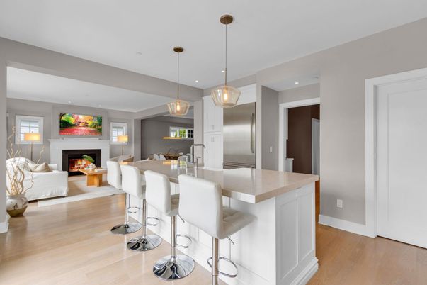 Fireplace, Interior, Kitchen, Living room, Pendant Lights, Recessed Lighting, Wood Texture Flooring