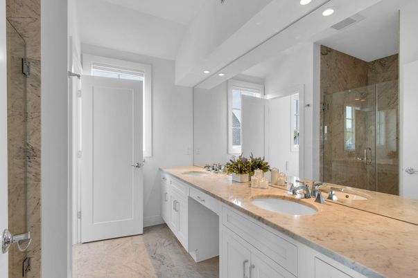 Bathroom, Dual Sink Vanities, Glass Shower, Interior, Marble, Marble Walls, Recessed Lighting