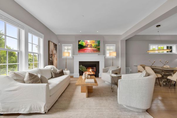 Dining room, Fireplace, Interior, Living room, Pendant Lights, Recessed Lighting, Wood Texture Flooring