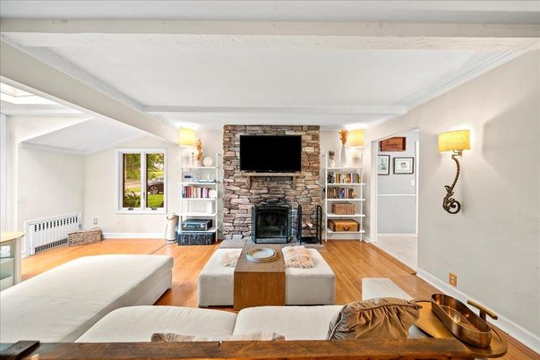Fireplace, Interior, Living room, Stone Walls, Wood Texture Flooring