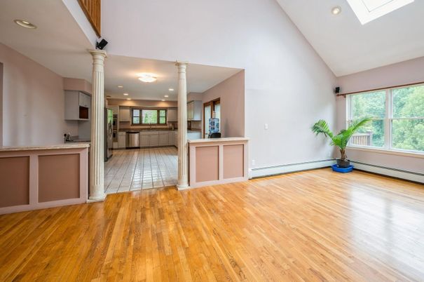 Empty room, Interior, Kitchen, Recessed Lighting, Wood Texture Flooring