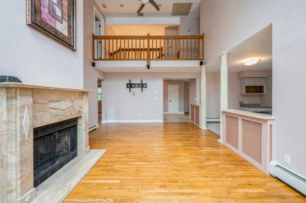 Fireplace, Interior, Recessed Lighting, Wood Texture Flooring