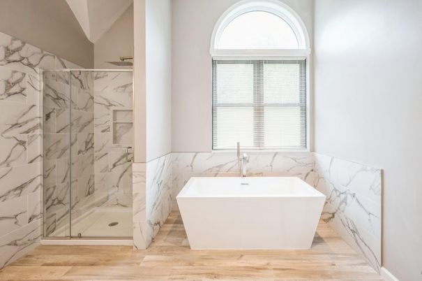 Bathroom, Free Standing Baths, Glass Shower, Interior, Marble Walls, Wood Texture Flooring