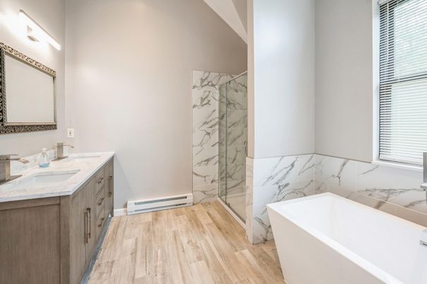 Bathroom, Free Standing Baths, Interior, Marble Walls, Wood Texture Flooring